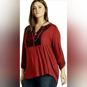 Lucky Brand Womens Red Wine Burnout Henley w/Velvet Details- 2X NWT